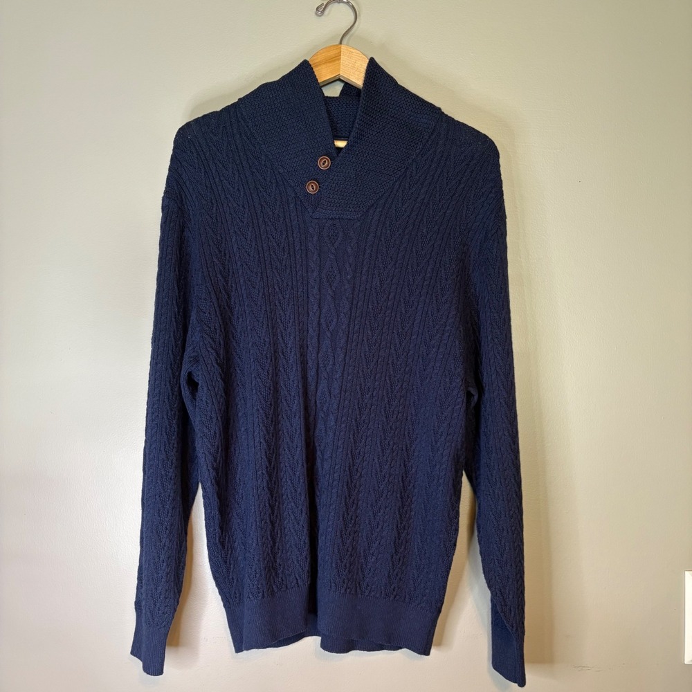Cremieux Classics Mens Navy Blue Pima Cotton Cashmere Cable Knit Shawl Sweater L